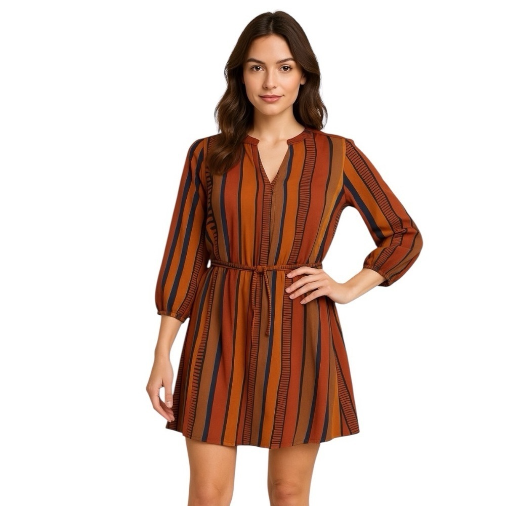Umgee Orange Brown Belted Abstract Print Tribal Bohemian Mini Dress Size M